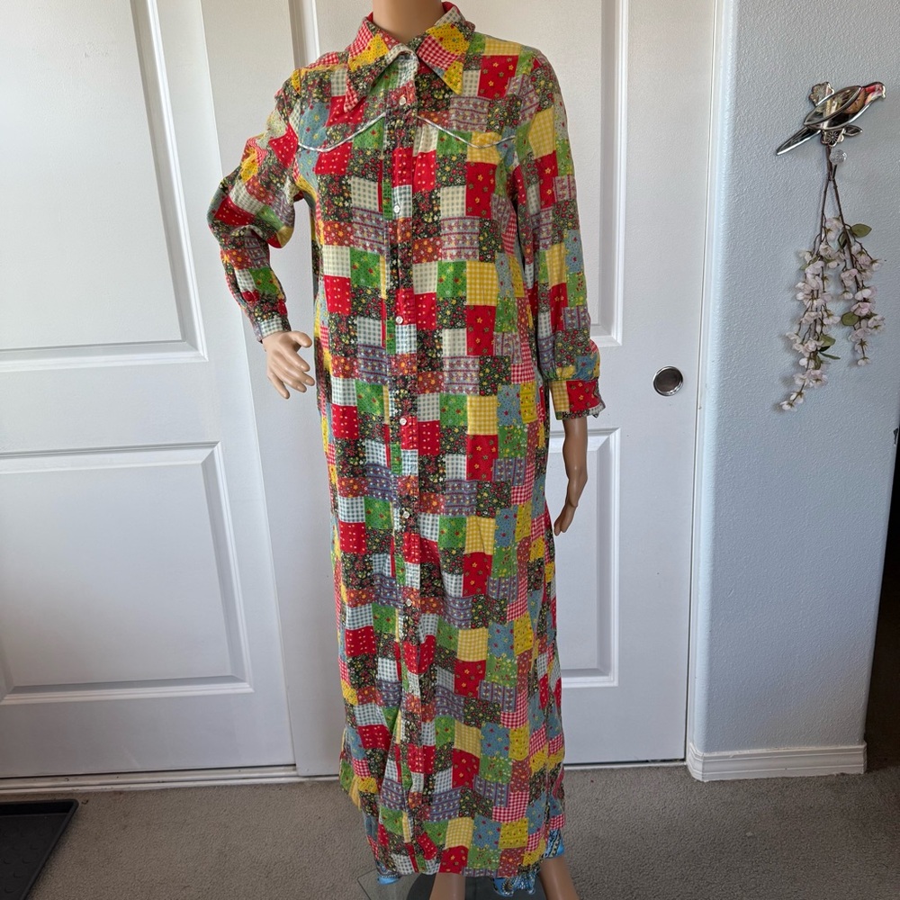 VINTAGE 60s 70s Colorful Patchwork Corduroy Snap Front Housecoat Robe M L hippie - Picture 4 of 14